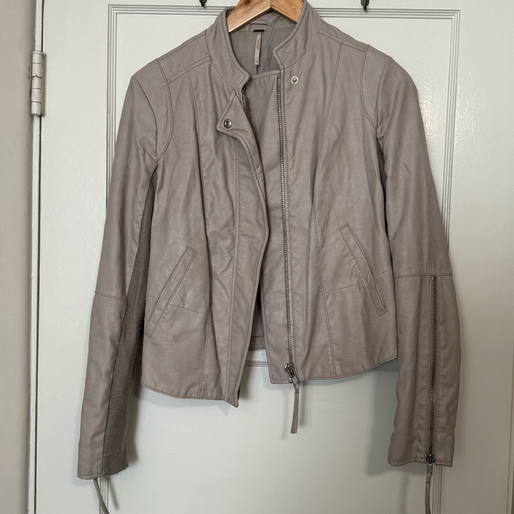Free People Vegan Faux Leather Moto Jacket Grayish Beige - Size 4 Small